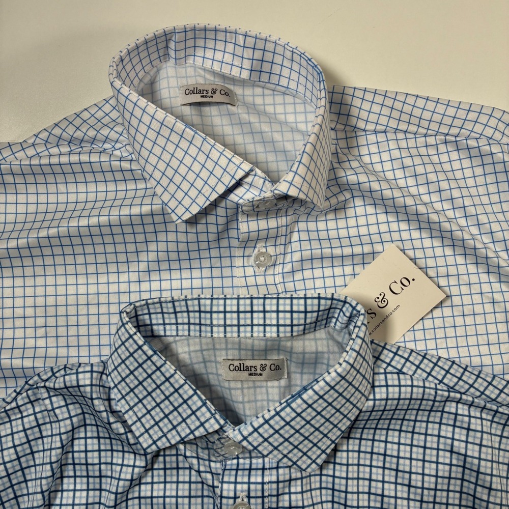 NEW LOT OF 2 Collars & Co. Polo Shirt Medium Blue White Grid Check Stretch